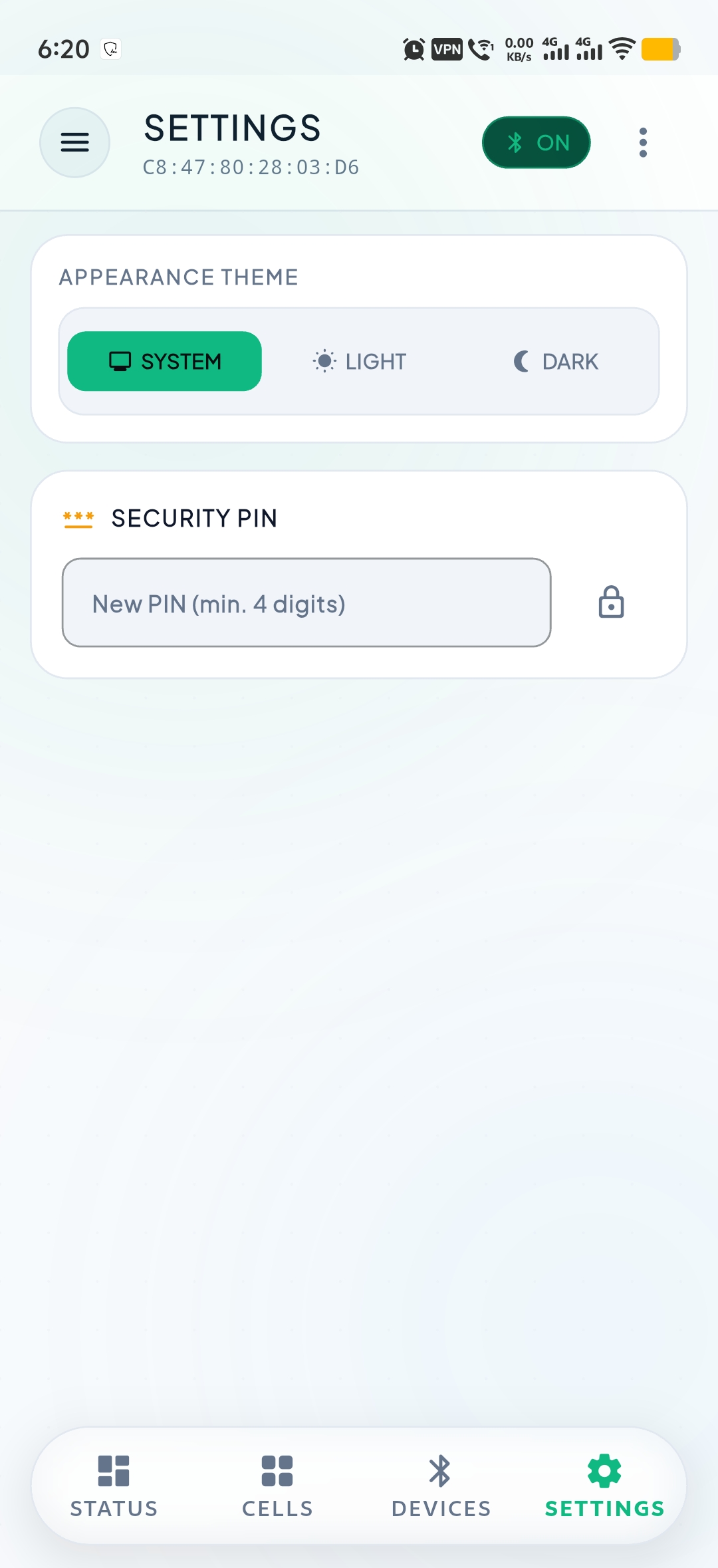 JKBMSR BLE settings with appearance themes and security PIN